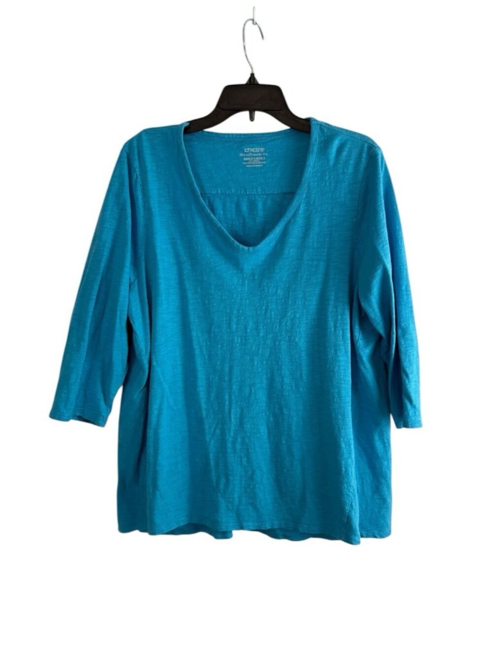 Chicos Womens Shirt Adult Size 3=XL Blue V Neck 3/4 Sleeve Casual V Neck Blouse